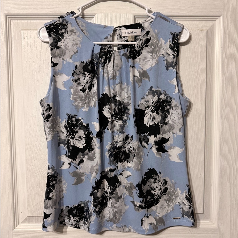 Calvin Klein Women's Light Blue and Black Floral Blouse